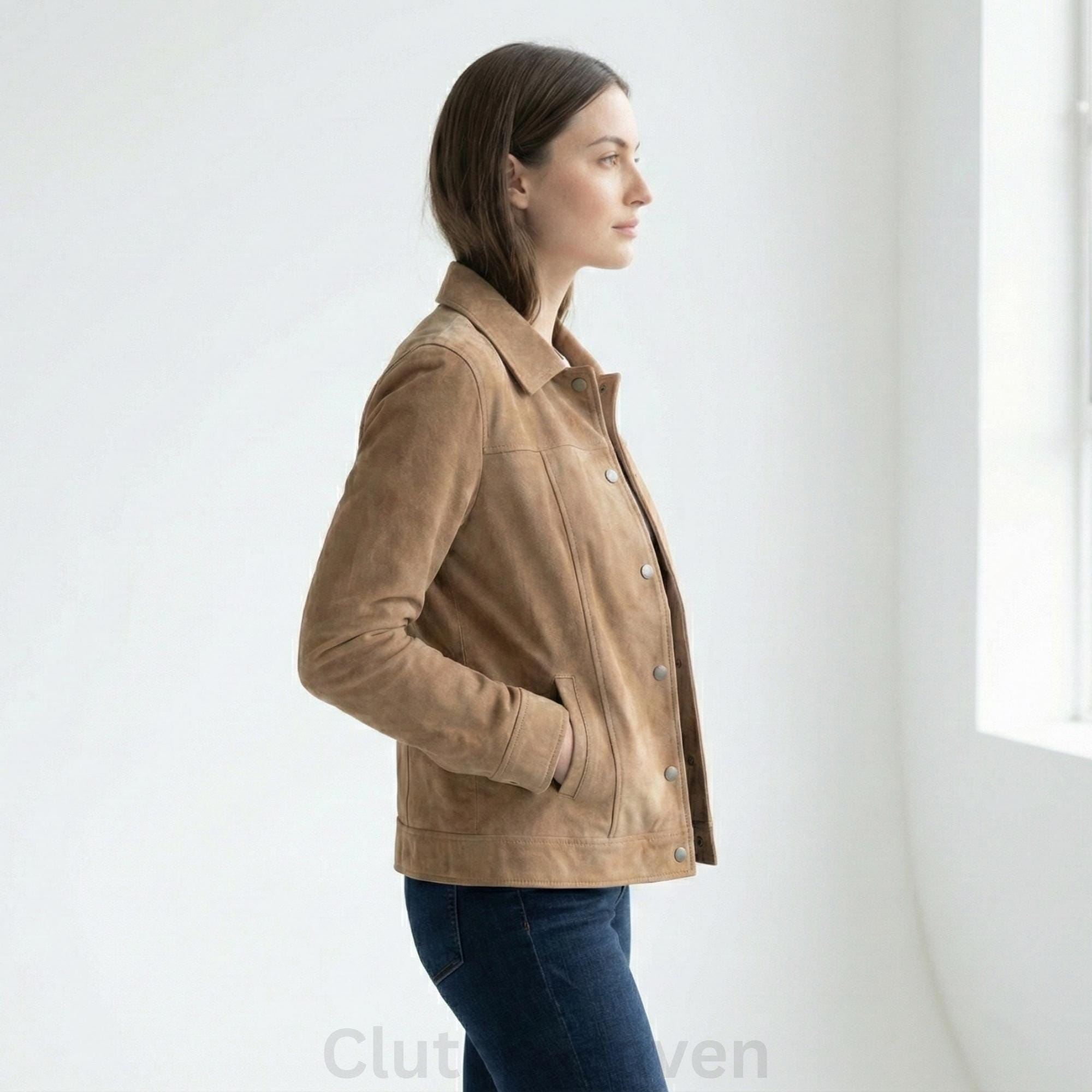 Light Brown Suede Leather Jacket for Women – Classic Collar, Button Closure, Genuine Suede, Casual Fashion Outerwear, Soft Leather Coat