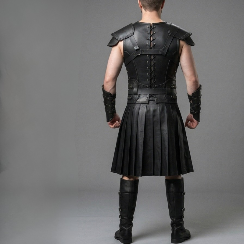 Men's Full Black Leather Warrior Armor Set with Kilt & Bracers