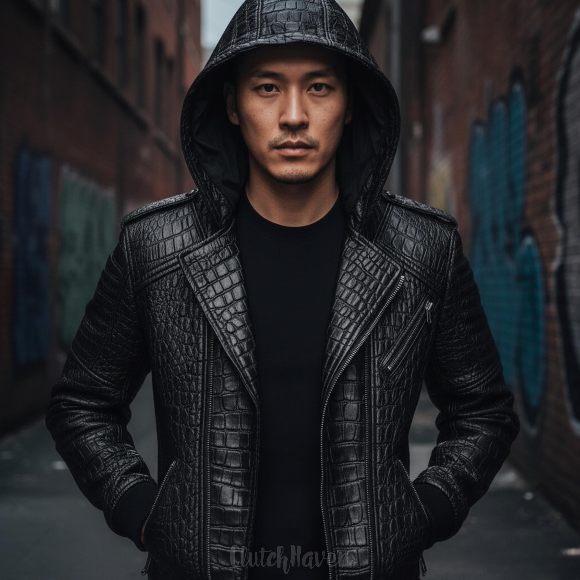 Axis Black Crocodile Pattern Leather Jacket