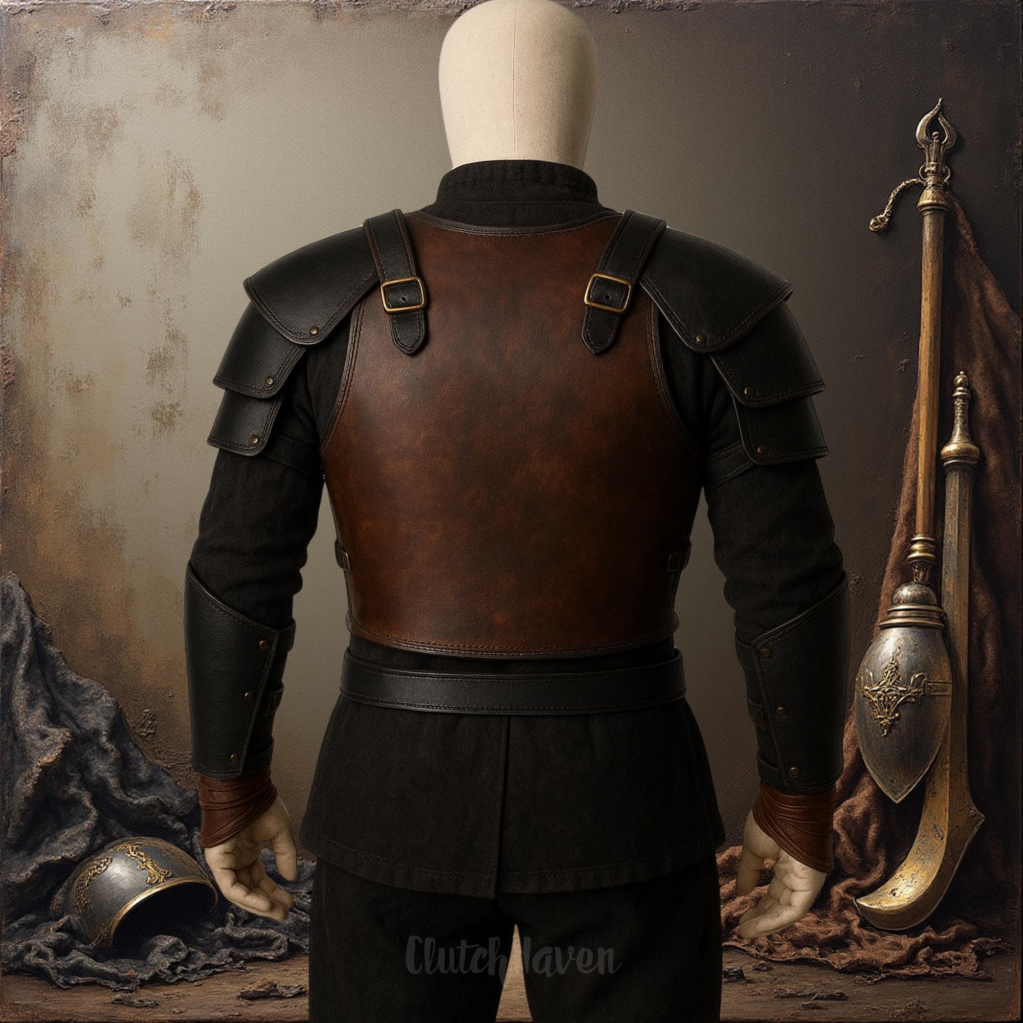 Brown & Black Medieval Leather Armor for Men | Knight Chest Plate, Arm Guards, Wrist Wraps