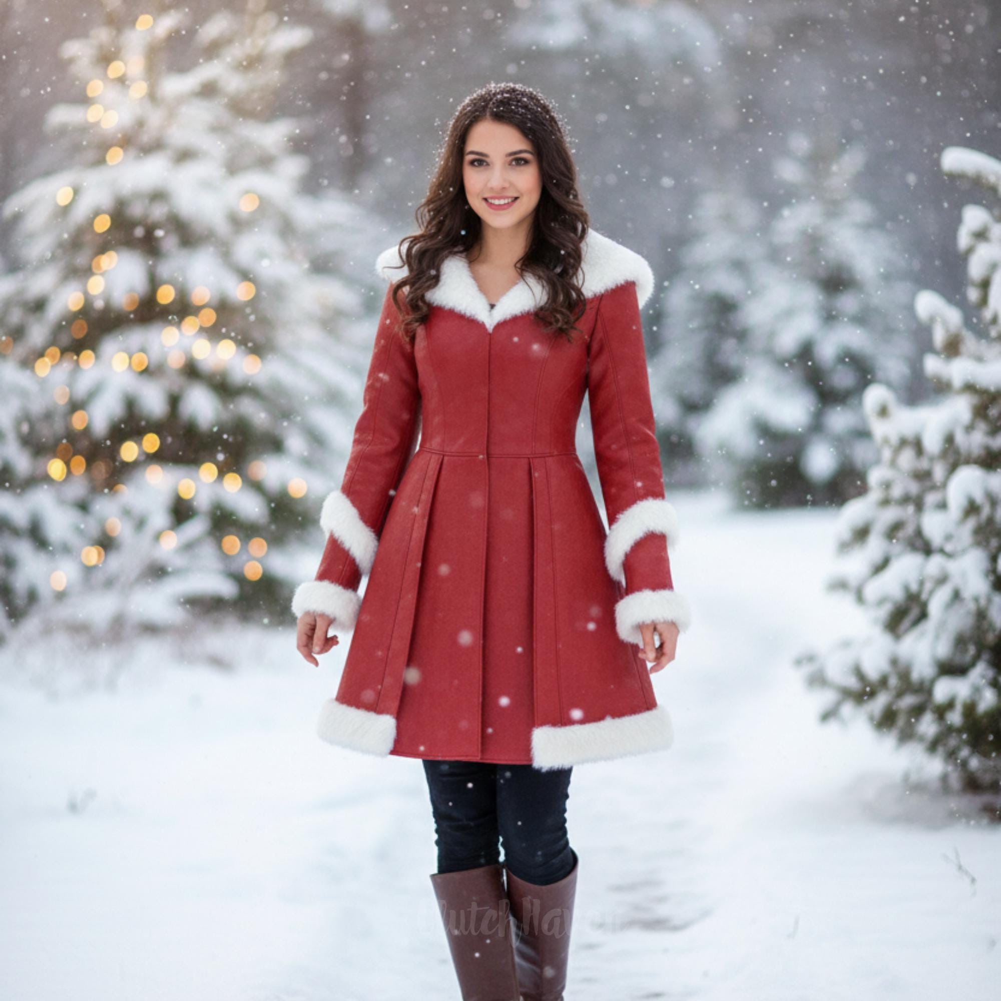 Red Medieval Leather Winter Coat with White Fur Trim