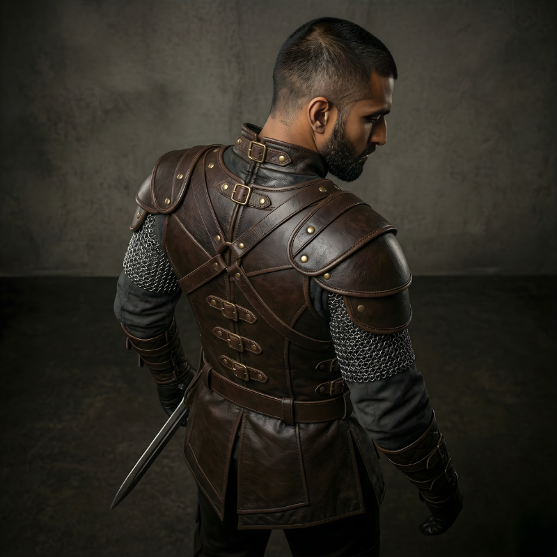Men's Dark Brown Leather Ranger Armor | Studded LARP Cuirass & Bracers