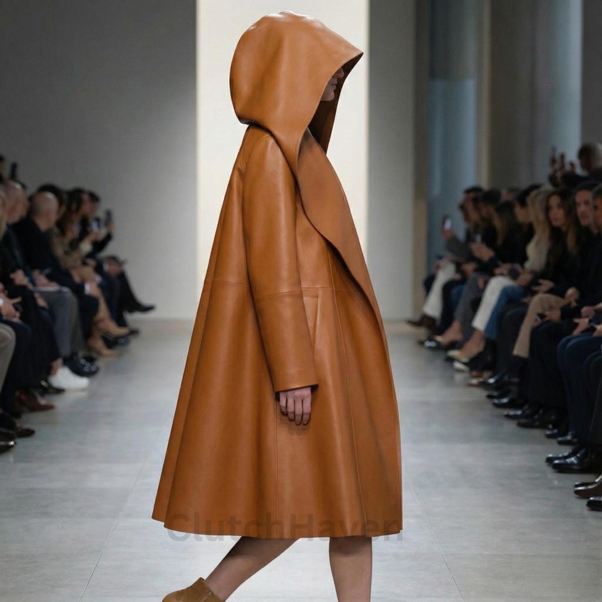 Handmade Oversized Hooded Leather Coat for Women