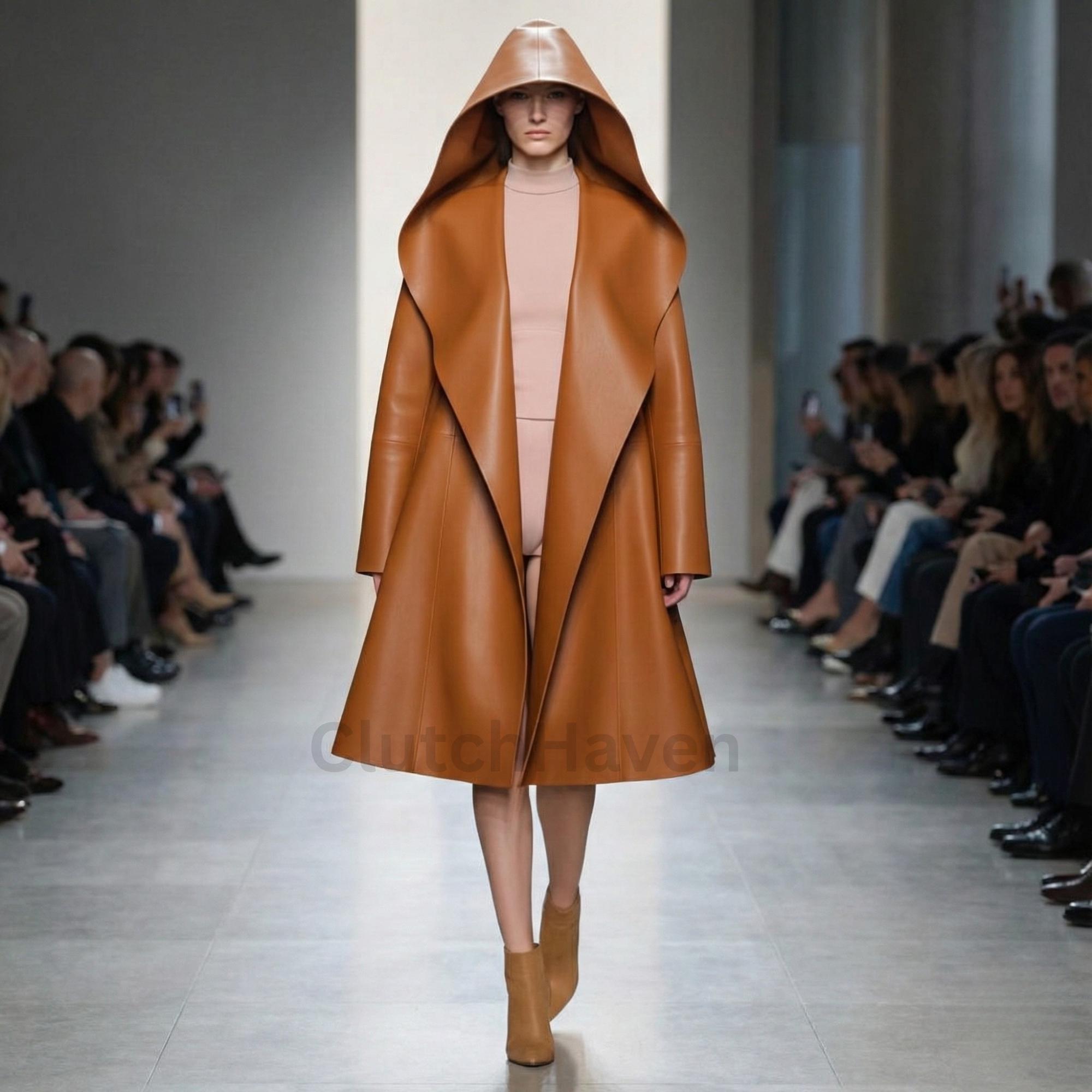 Handmade Oversized Hooded Leather Coat for Women