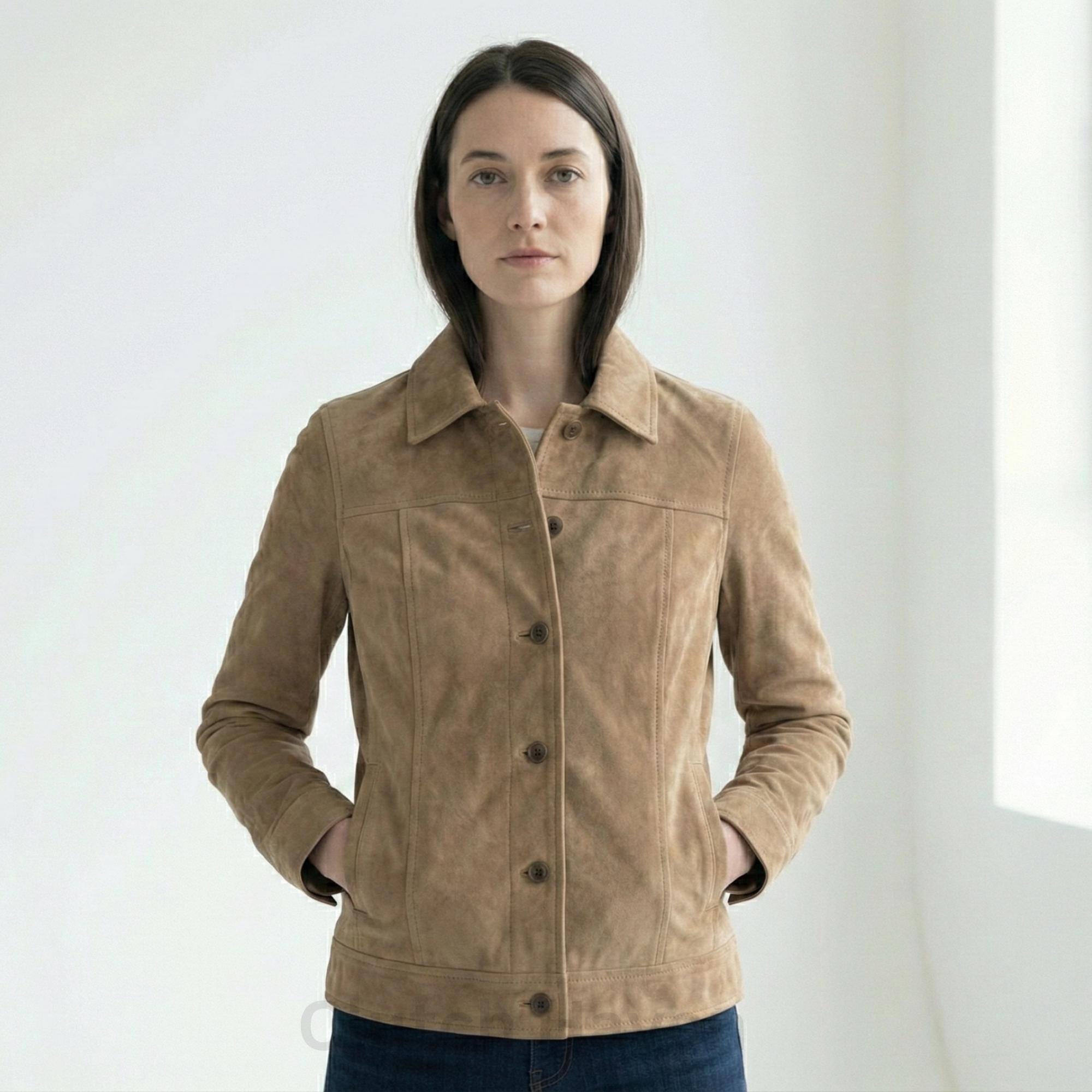 Light Brown Suede Leather Jacket for Women – Classic Collar, Button Closure, Genuine Suede, Casual Fashion Outerwear, Soft Leather Coat