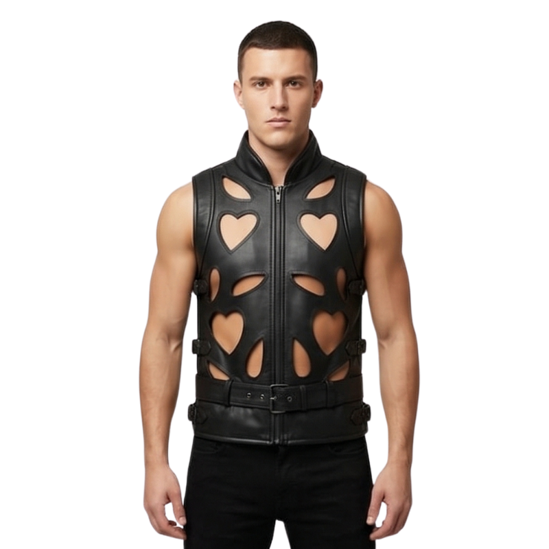 Men's Gothic Heart Cutout Leather Vest & Pants Set