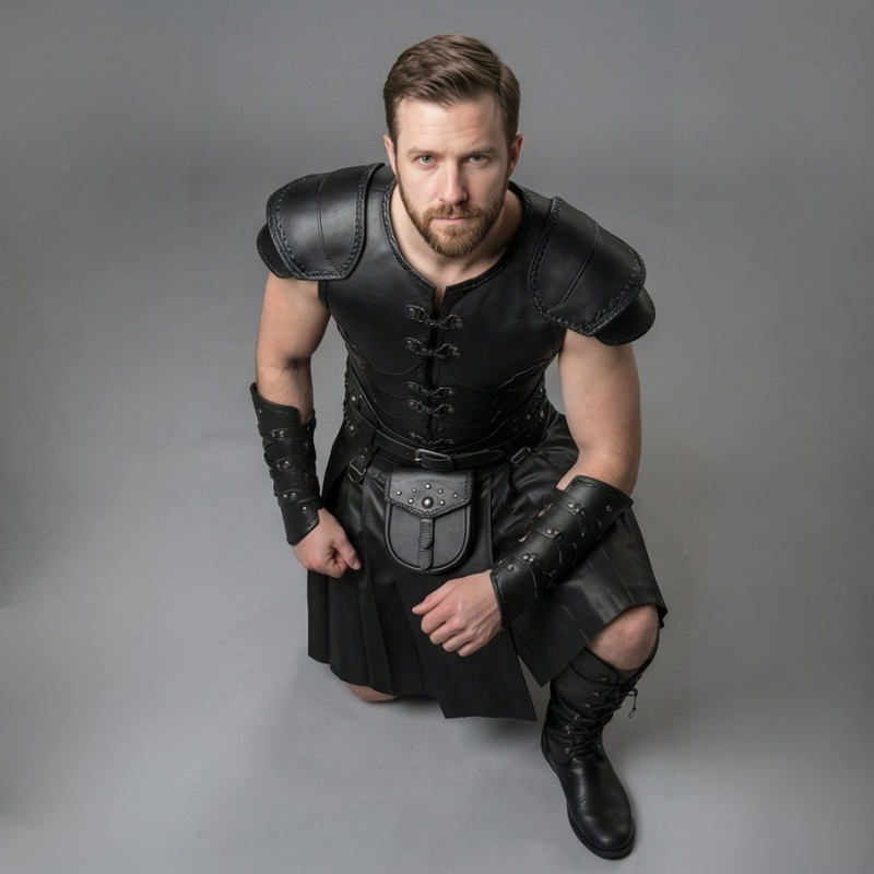 Men's Full Black Leather Warrior Armor Set with Kilt & Bracers