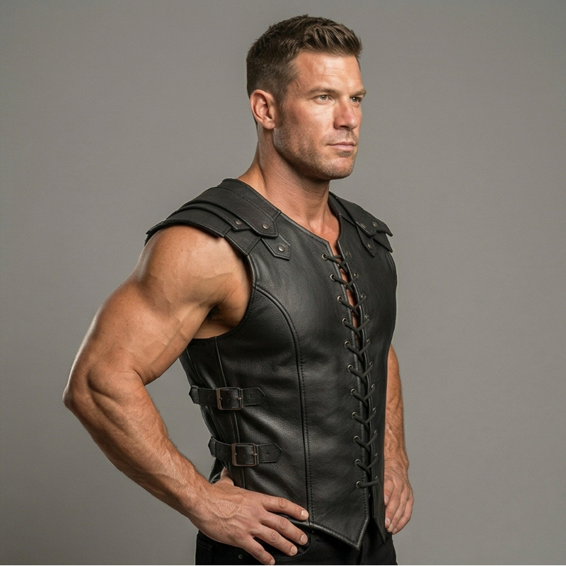 Men's Leather Warrior Armor Vest | Lace-Up Front & Studded Shoulders