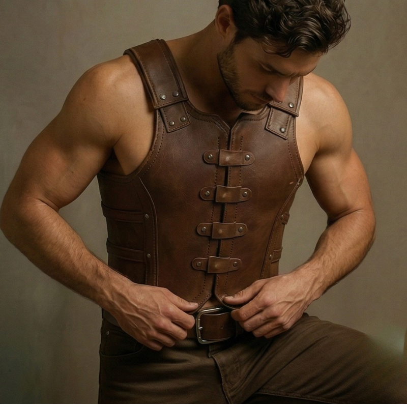Men's Brown Leather Medieval Armor Vest | LARP Chest Piece With Free Belt