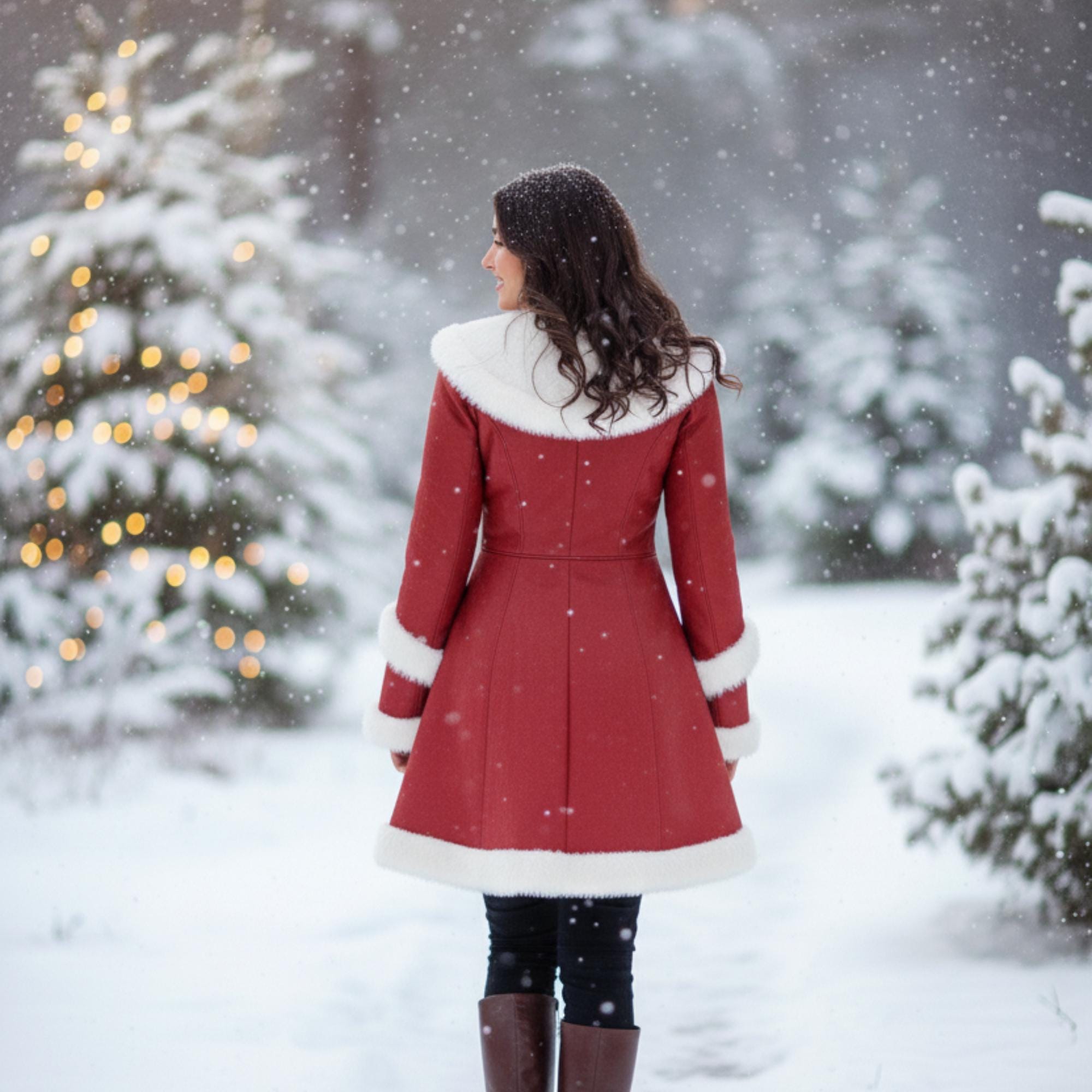 Red Medieval Leather Winter Coat with White Fur Trim