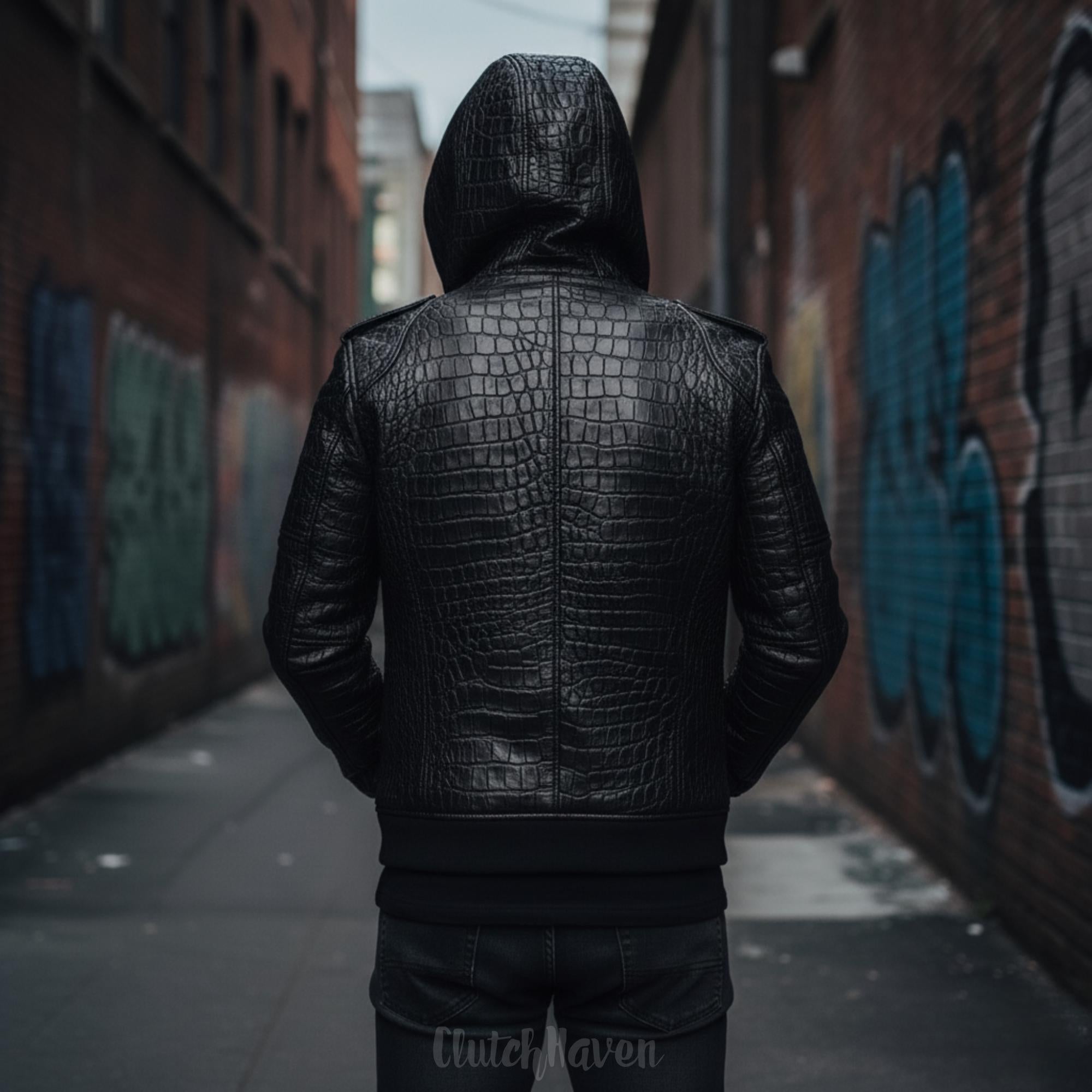 Axis Black Crocodile Pattern Leather Jacket