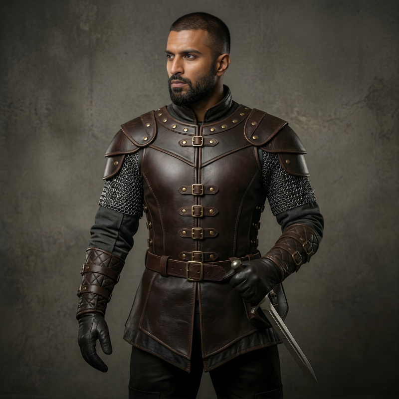 Men's Dark Brown Leather Ranger Armor | Studded LARP Cuirass & Bracers